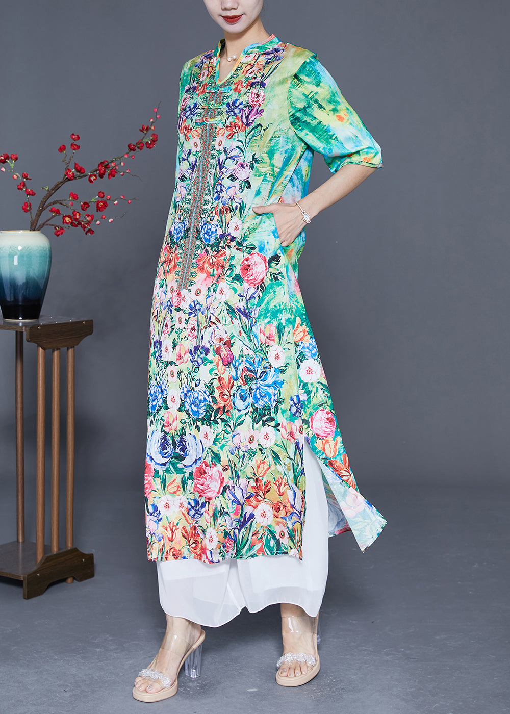 Green Print Chinese Button Chiffon Party Dress Summer