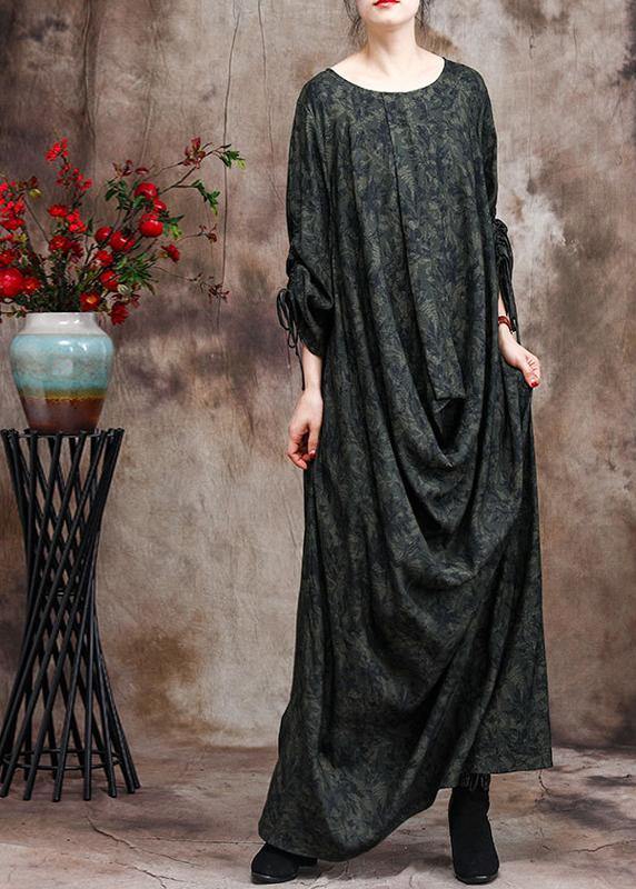 Green Print O Neck Asymmetric Robes Dresses
