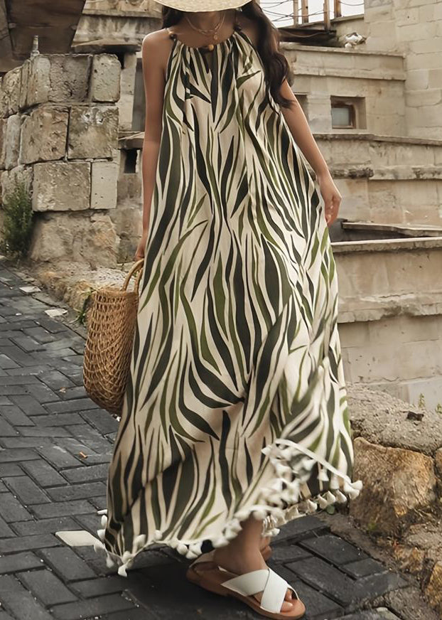 Green Print Tasseled Cotton Long Dresses Sleeveless