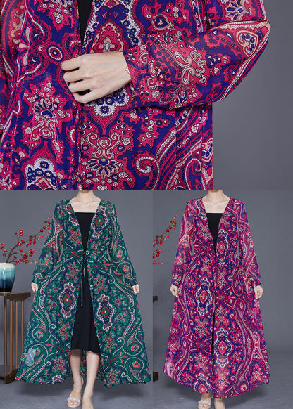 Green Print Tie Waist Chiffon Long Cardigan Summer