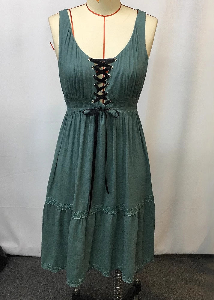 Green Ruffled Patchwork Long Spaghetti Strap Dress Sleeveless
