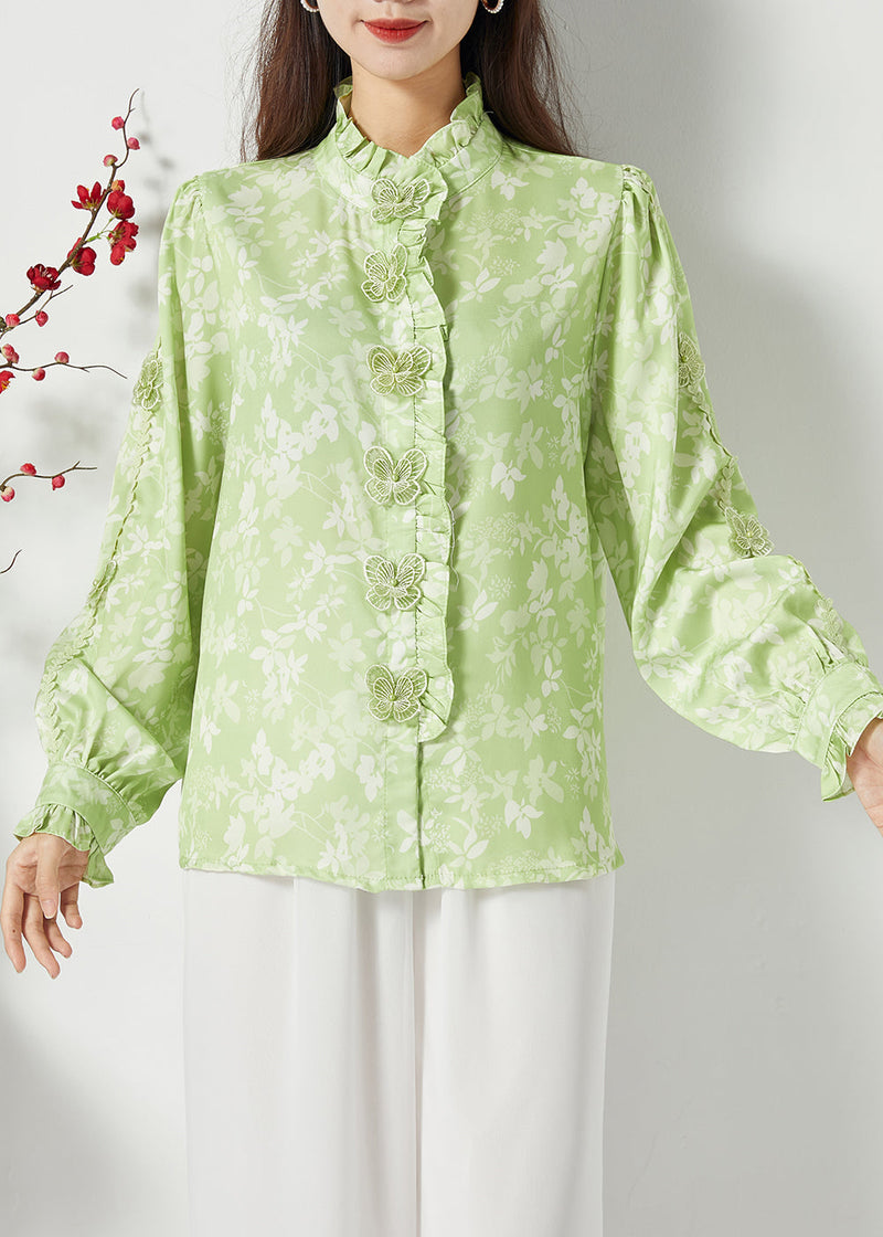 Green Ruffled Print Butterfly Silk Tops Spring