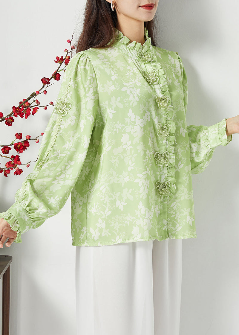 Green Ruffled Print Butterfly Silk Tops Spring
