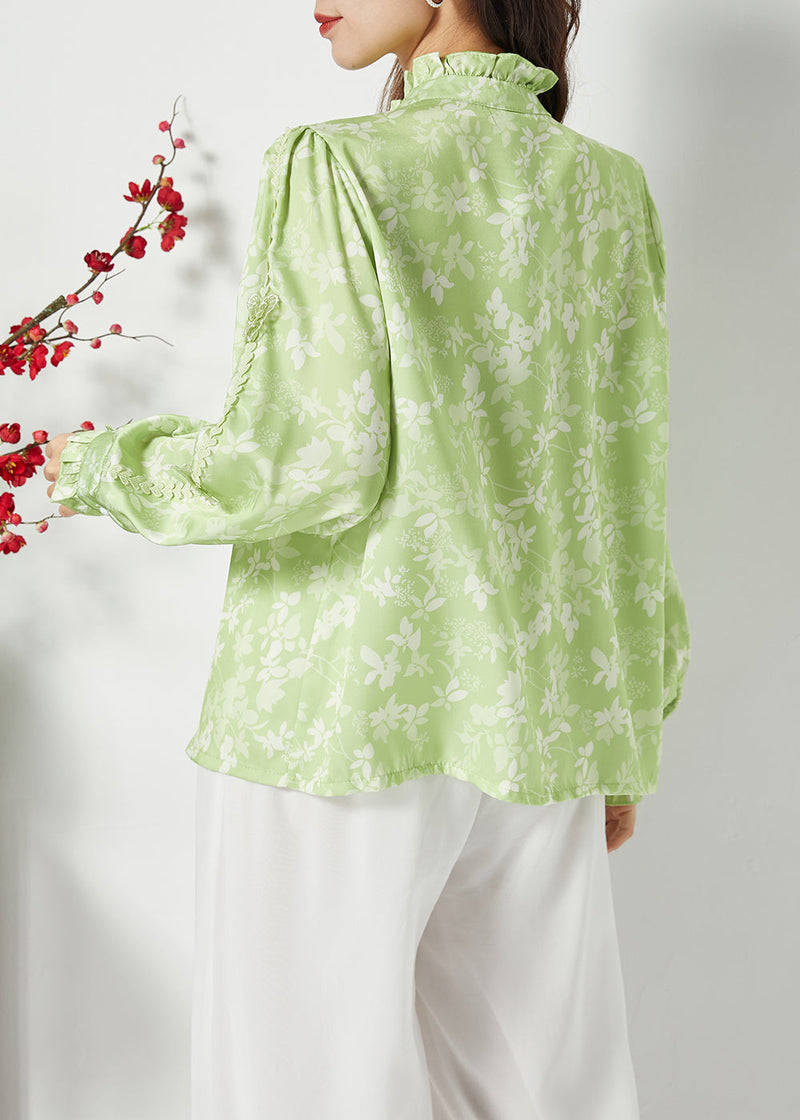 Green Ruffled Print Butterfly Silk Tops Spring