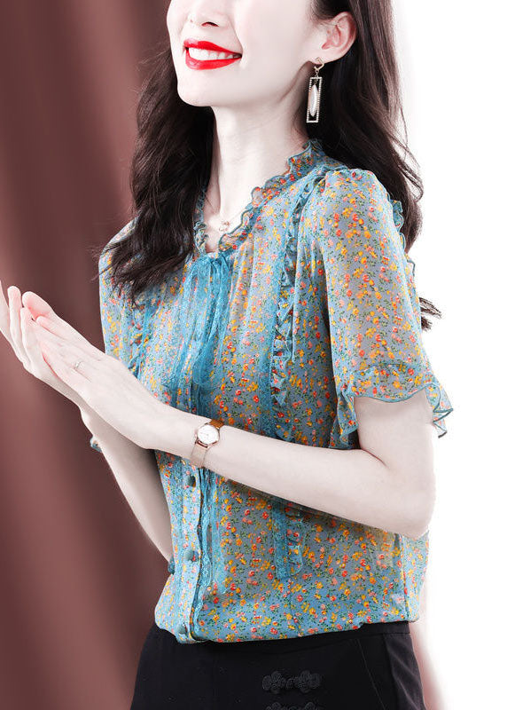 Green Ruffled Print Chiffon Blouses Summer