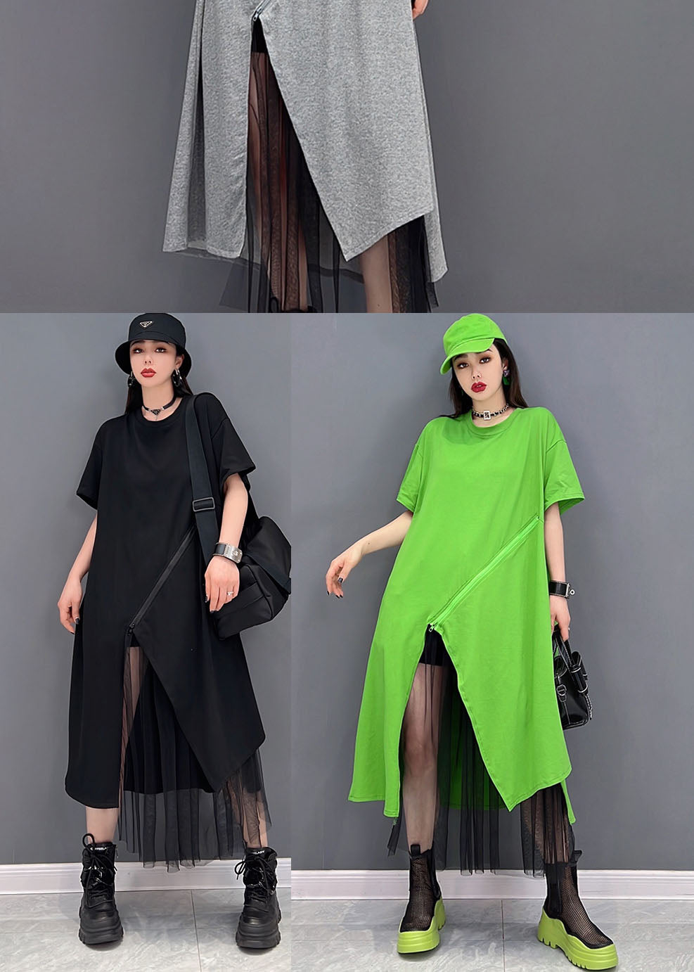 Green Asymmetrical Design Cotton Pullover Dress Short Sleeve