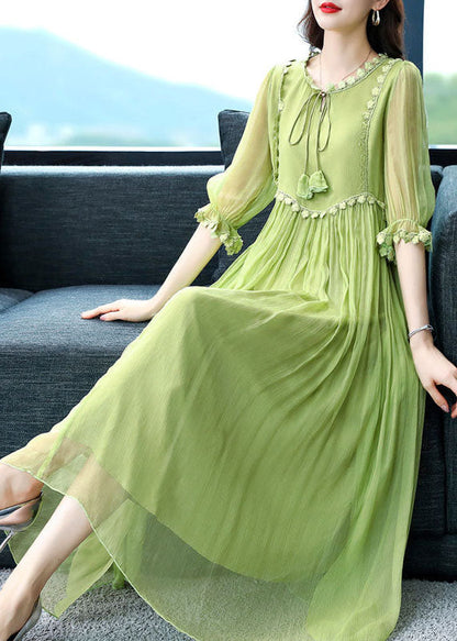 Green Color Lace Up Wrinkled Chiffon Dress Half Sleeve