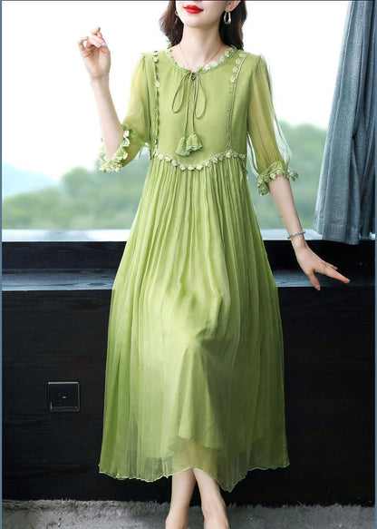 Green Color Lace Up Wrinkled Chiffon Dress Half Sleeve
