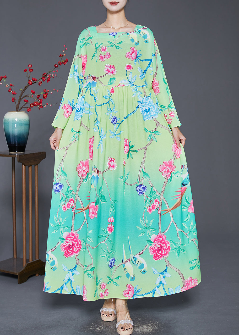 Green Square Collar Print Silk Holiday Dresses Fall