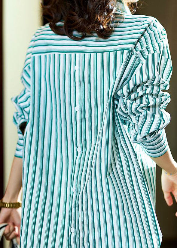 Green Striped Graphic Patchwork Cotton Shirts Spring