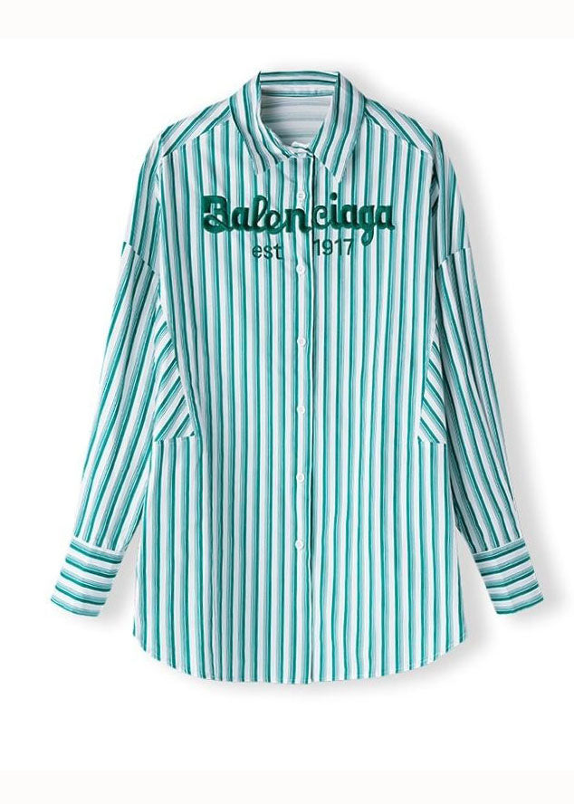 Green Striped Graphic Patchwork Cotton Shirts Spring