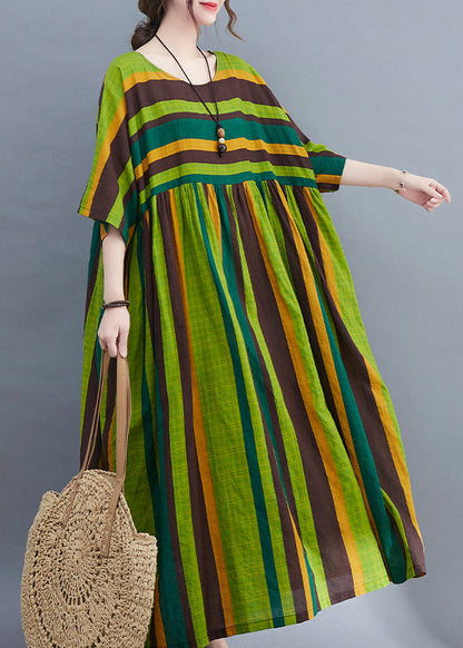 Green Striped O-neck Wrinkled Pockets Beach Dress Short Sleeve