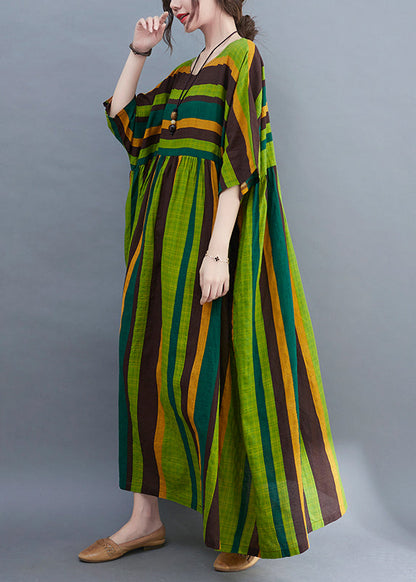 Green Striped O-neck Wrinkled Pockets Beach Dress Short Sleeve