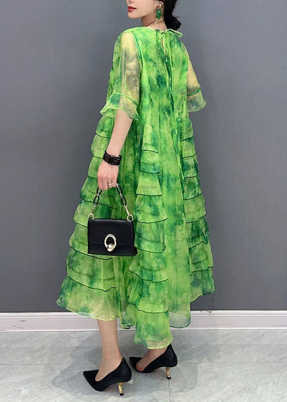 Green Tie Dye Ruffled Patchwork Chiffon Dresses Summer