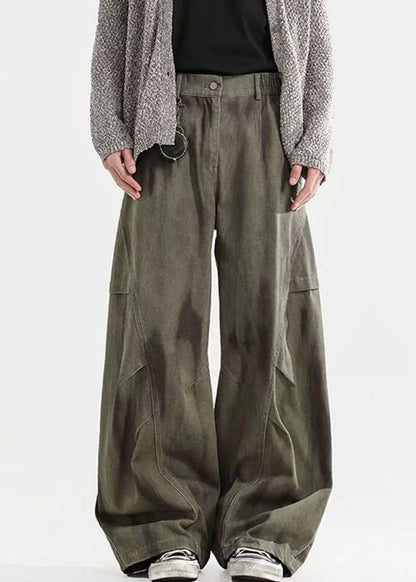 Green Tie Dye Wrinkled Elastic Waist Cotton Pants Spring