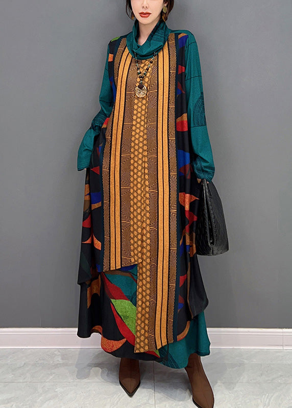 Green Turtleneck Print Patchwork Long Dress Long Sleeve