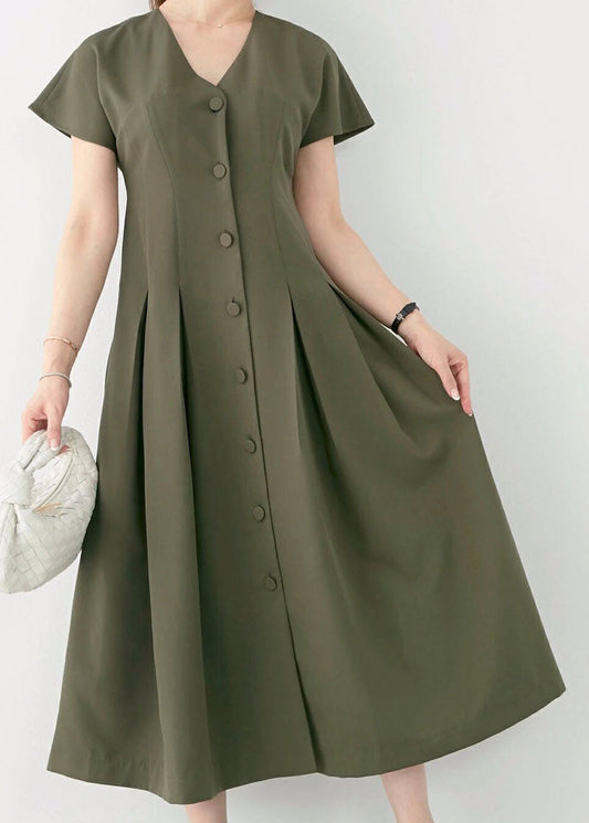 Green V Neck Patchwork Wrinkled Cotton Dress Summer