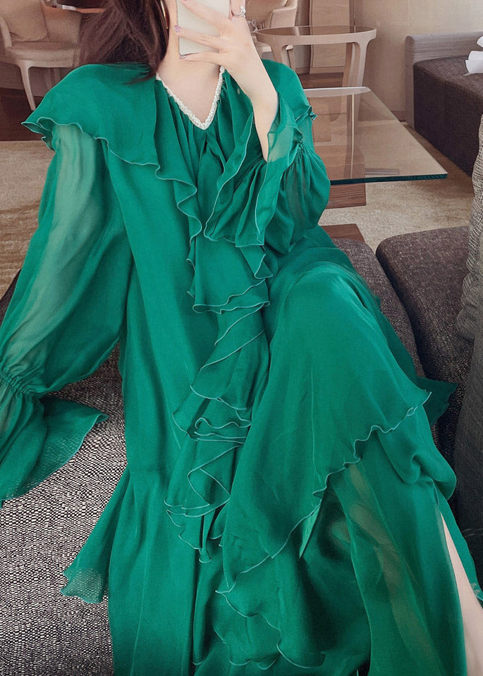 Green V Neck Print Nail Bead Wrinkled Silk Maxi Dresses Lantern Sleeve