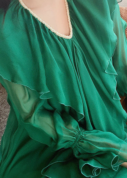 Green V Neck Print Nail Bead Wrinkled Silk Maxi Dresses Lantern Sleeve