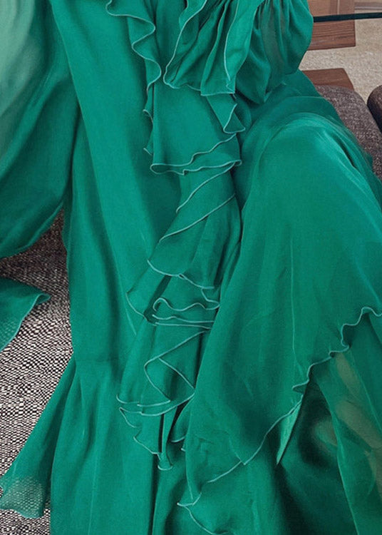 Green V Neck Print Nail Bead Wrinkled Silk Maxi Dresses Lantern Sleeve