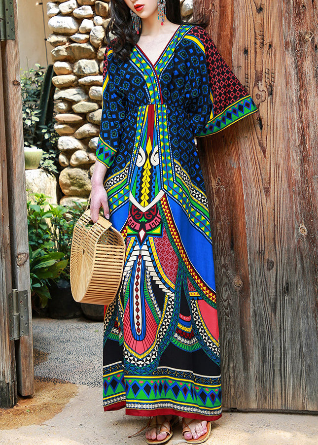 Green V Neck Print Patchwork Cotton Long Dresses Batwing Sleeve