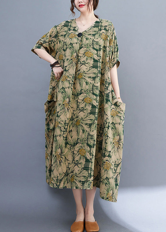 Green V Neck Print Wrinkled Holiday Long Dress Summer