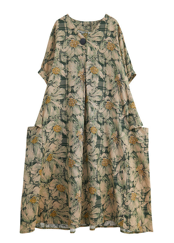 Green V Neck Print Wrinkled Holiday Long Dress Summer