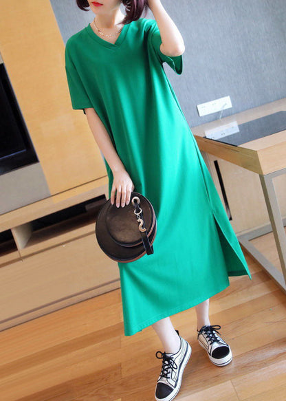 Green V Neck Side Open Cotton Long Dress Summer