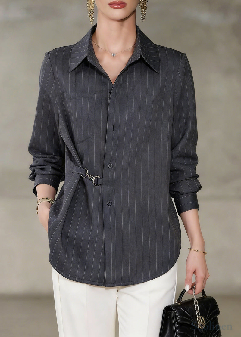 Grey Asymmetrical Striped Cotton Shirt Top Spring