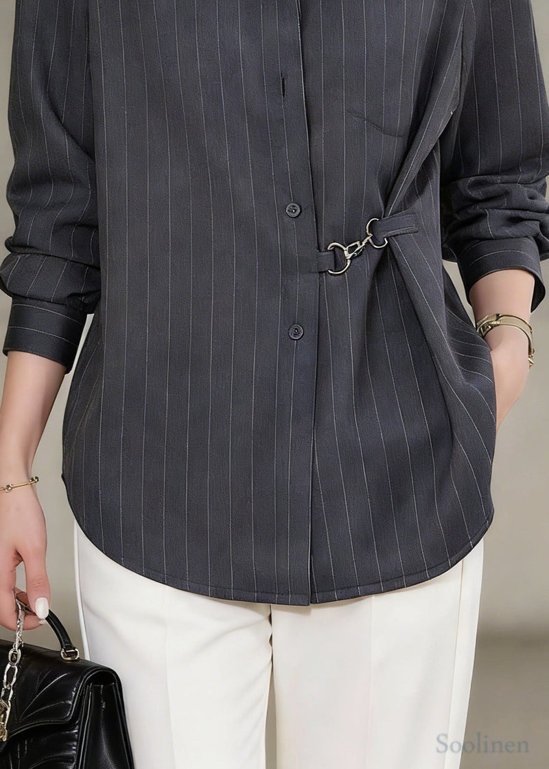 Grey Asymmetrical Striped Cotton Shirt Top Spring