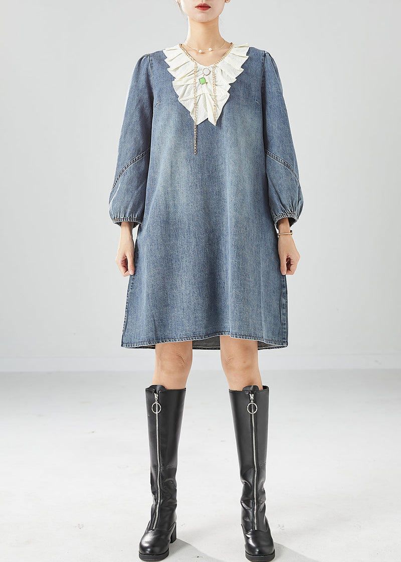 Grey Blue Ruffles Patchwork Denim Maxi Dress Summer