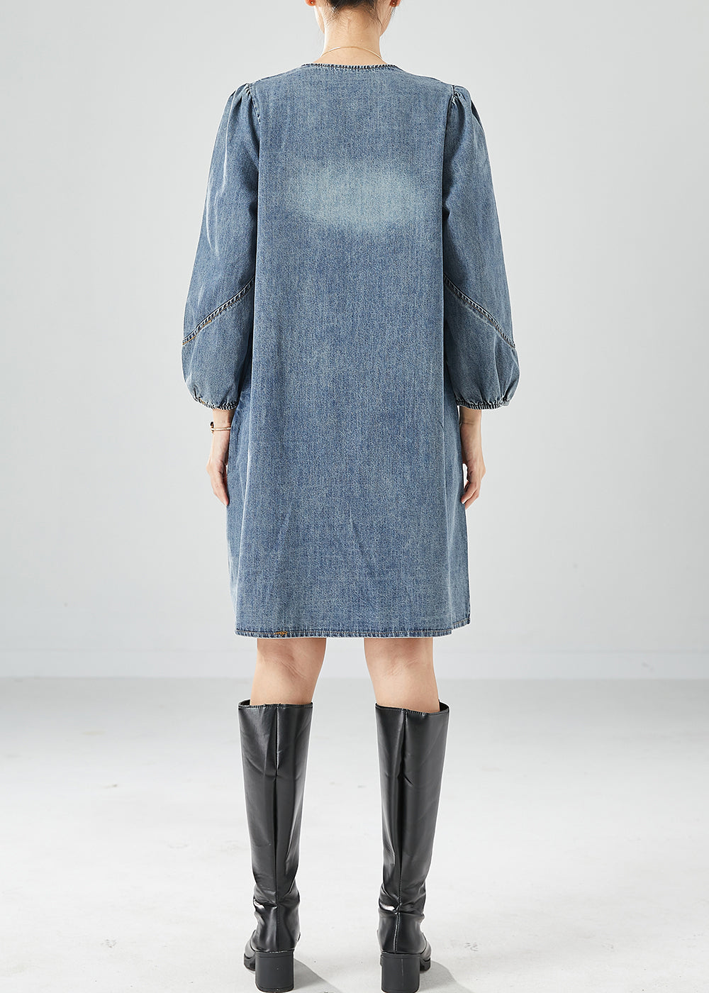 Grey Blue Ruffles Patchwork Denim Maxi Dress Summer