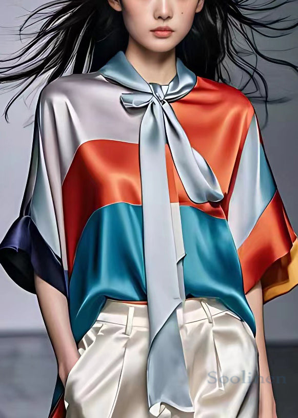 Grey Bow Patchwork Silk Blouse Half Sleeve