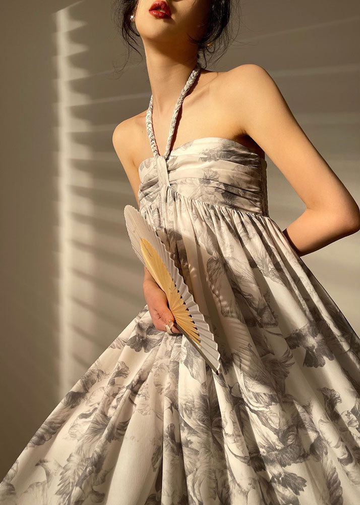 Grey Cold Shoulder Print Exra Large Hem Chiffon Dress Sleeveless