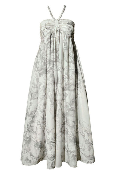 Grey Cold Shoulder Print Exra Large Hem Chiffon Dress Sleeveless