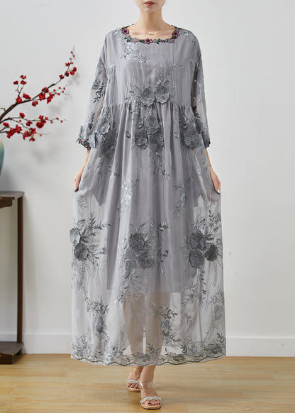 Grey Embroidered Silk Party Dress Spring