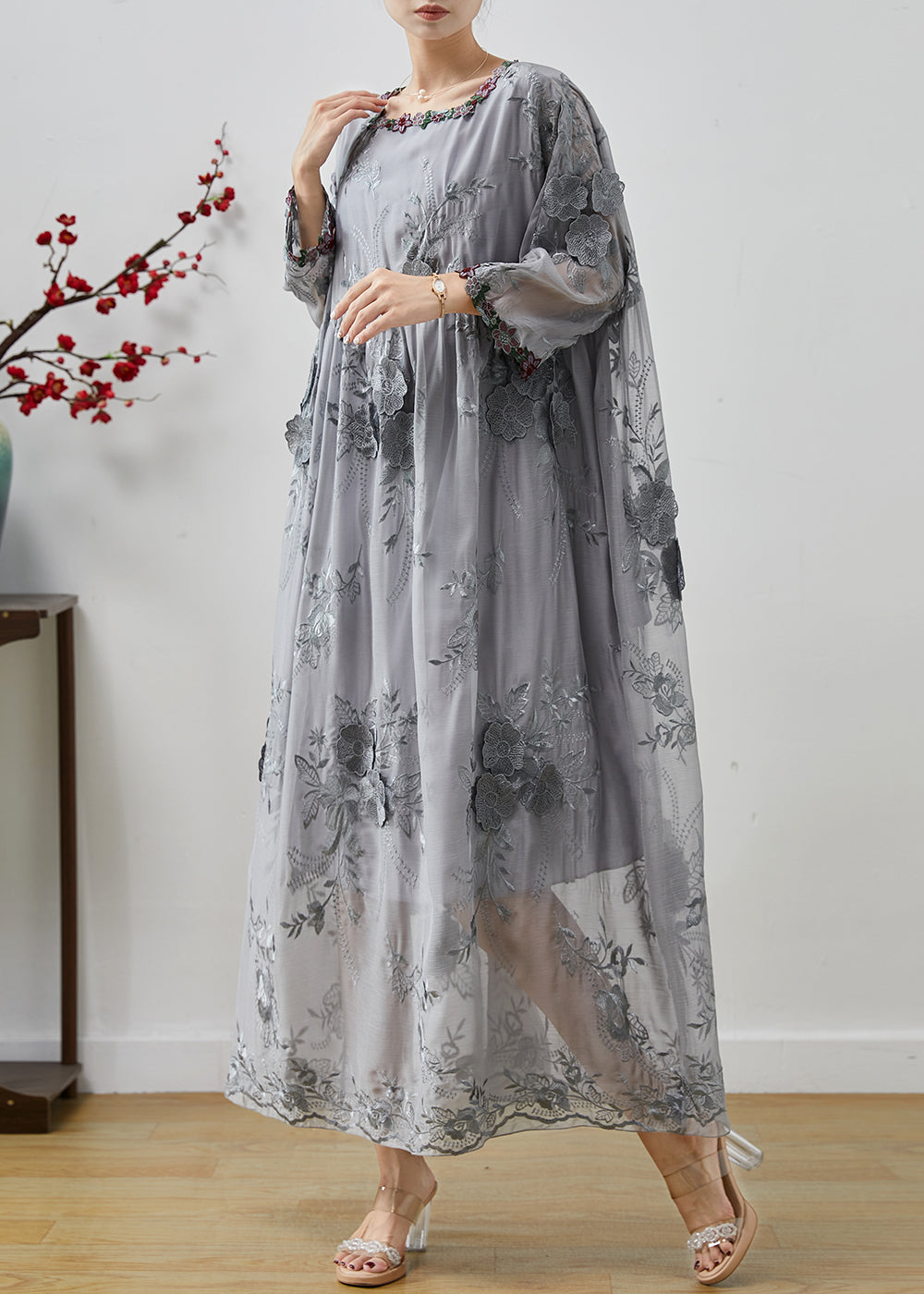 Grey Embroidered Silk Party Dress Spring