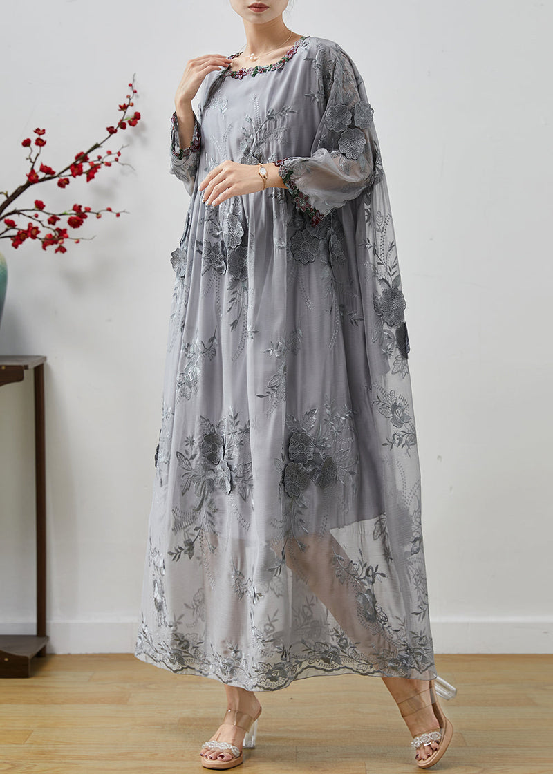 Grey Embroidered Silk Party Dress Spring
