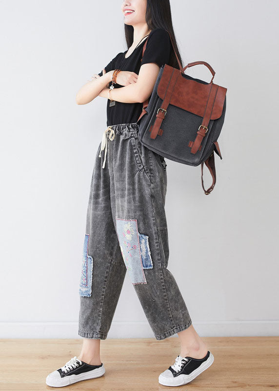 Grey Embroidered Patchwork Applique Cotton Denim Pants Spring