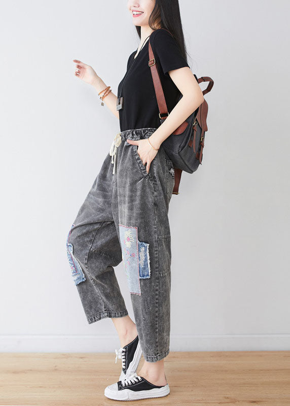 Grey Embroidered Patchwork Applique Cotton Denim Pants Spring