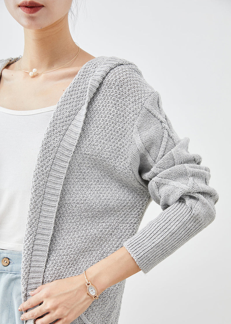 Grey Hooded Oversized Knit Long Cardigans Fall
