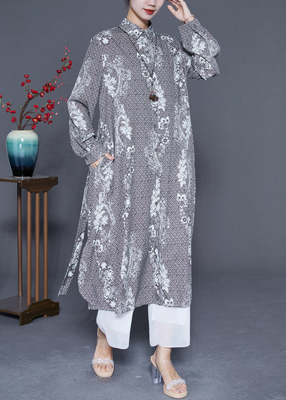 Grey Oversized Print Side Open Chiffon Shirt Dress Summer