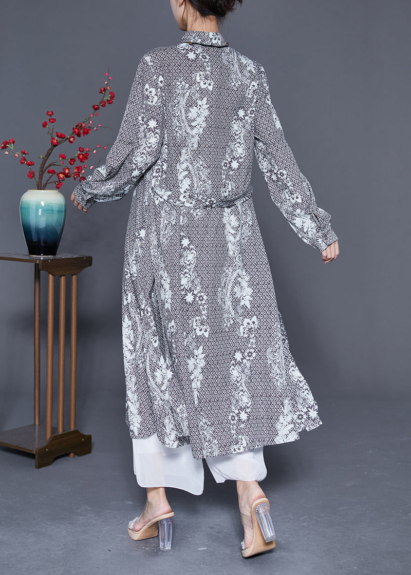 Grey Oversized Print Side Open Chiffon Shirt Dress Summer