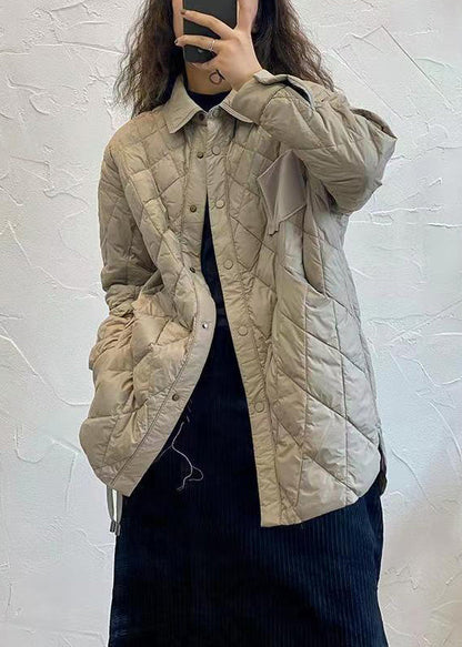 Grey Peter Pan Collar Lace Up Patchwork Duck Down Coat Winter