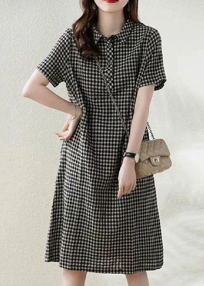 Grey Peter Pan Collar Plaid Linen Vacation Dress Summer