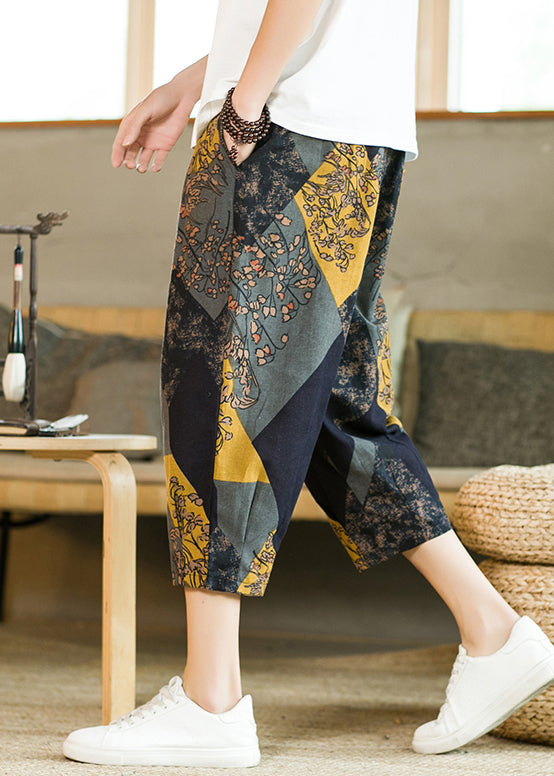 Grey Pockets Print Patchwork Cotton Crop Pants Summer