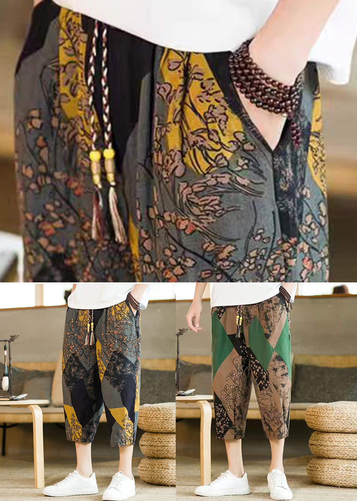 Grey Pockets Print Patchwork Cotton Crop Pants Summer