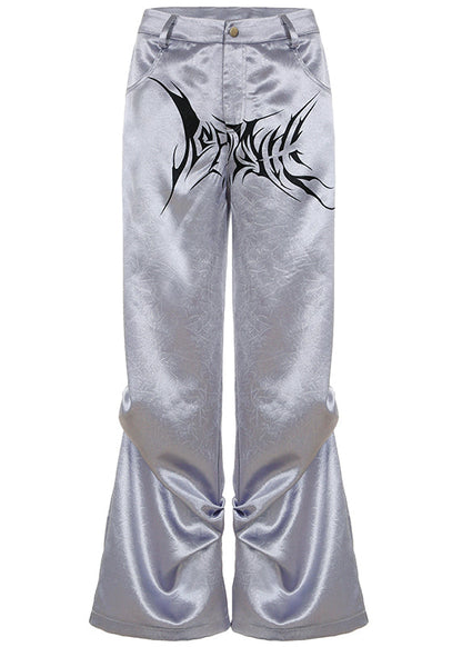 Grey Print Wrinkled Draping Silk Pants Spring