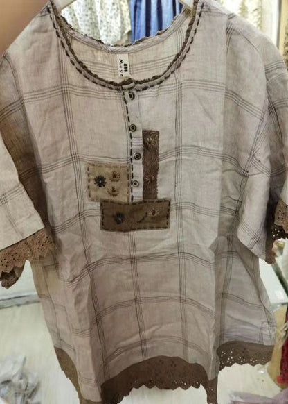 Grey Ruffled Plaid Cotton Shirt Tops Short Sleeve