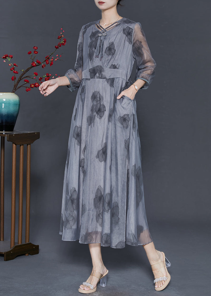 Grey Tasseled Print Silk Long Dress Bracelet Sleeve